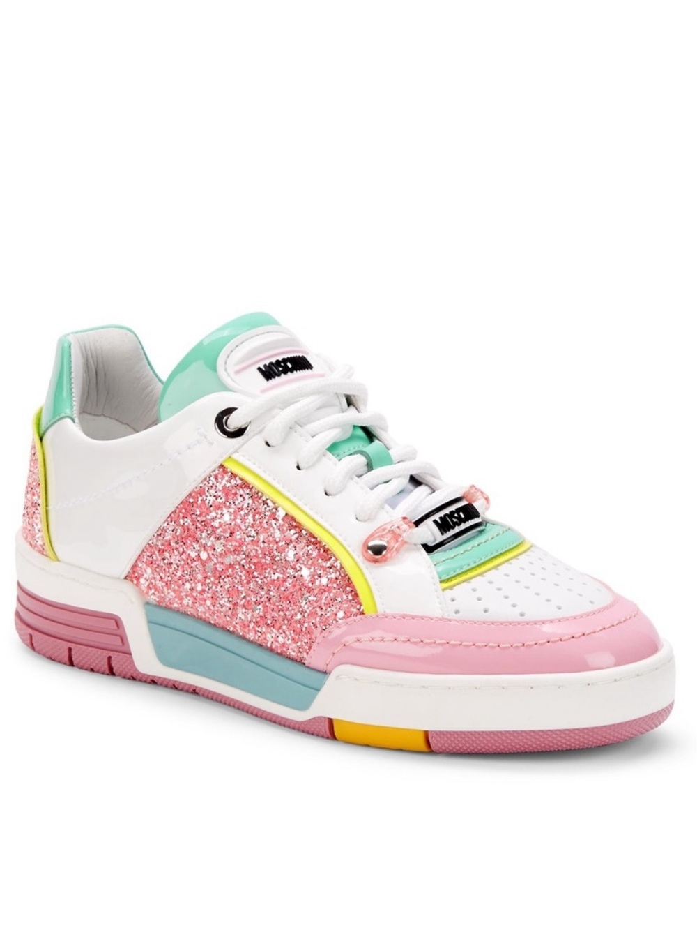 Moschino women White Sneakers with Pink, Mint & Yellow Accents
